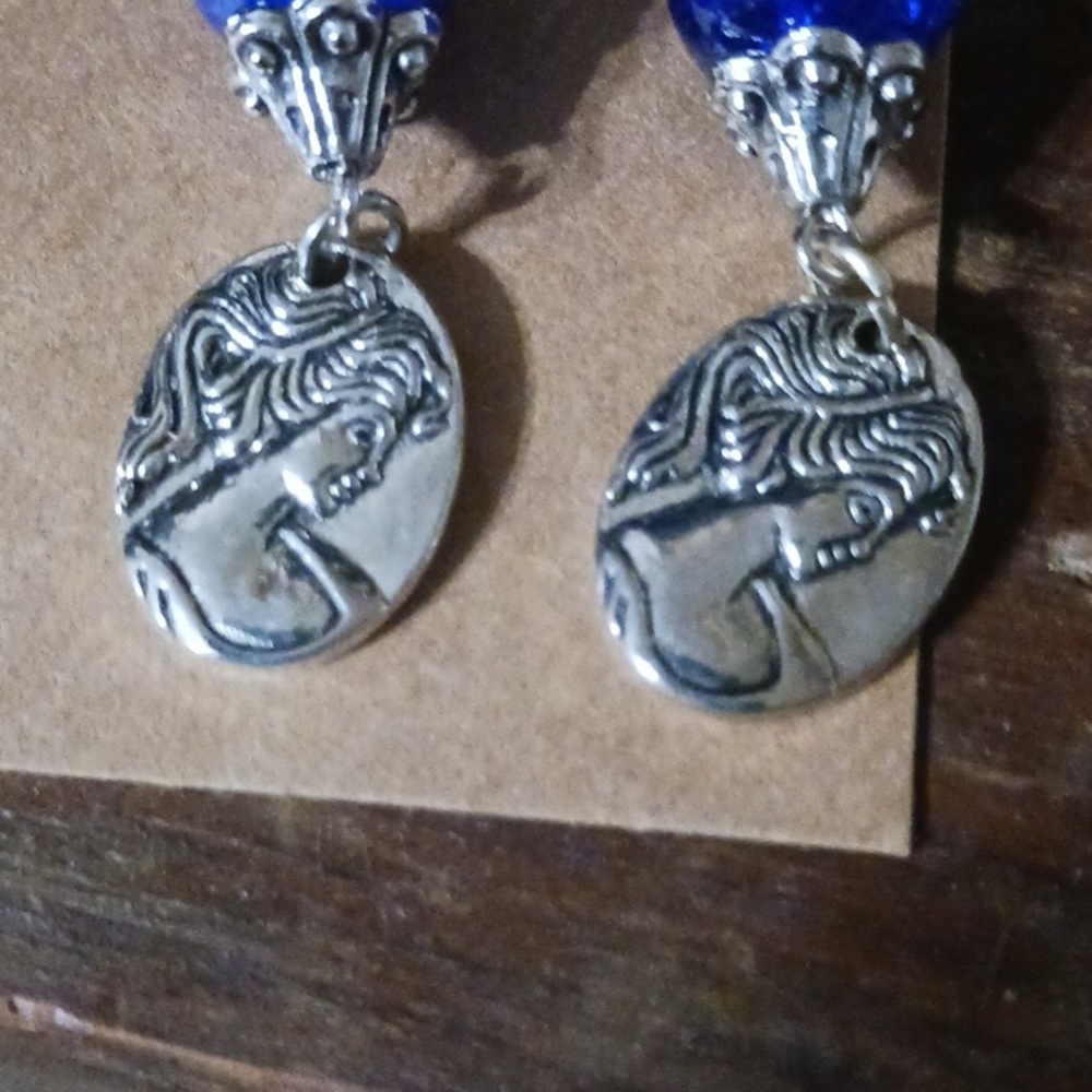 Artisan Blue and Silver Dangle Earrings - Picture 2 of 4